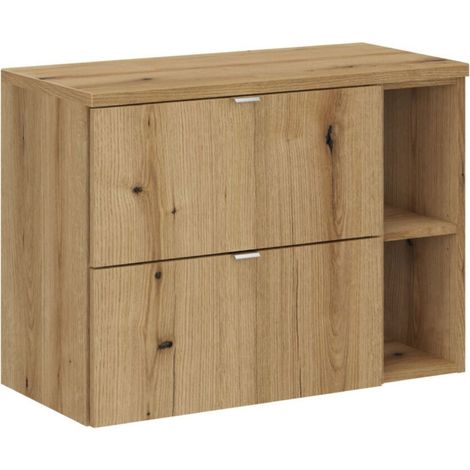 Wandhängendes Badezimmer-Set VANO in Eichenoptik 80cm: Unterschrank mit Schubladen + offene Fächer + Platte für Waschbecken