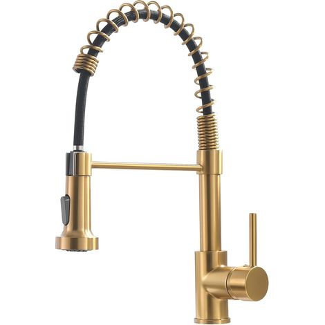Robinet de Cuisine Évier Doré, Mitigeur avec Douchette Extractible à 1 Jet 2 Fonctions (Normal & Pulvérisation), Rotation 360°, Commande à Levier Unique pour Cuisine Moderne (1/5)