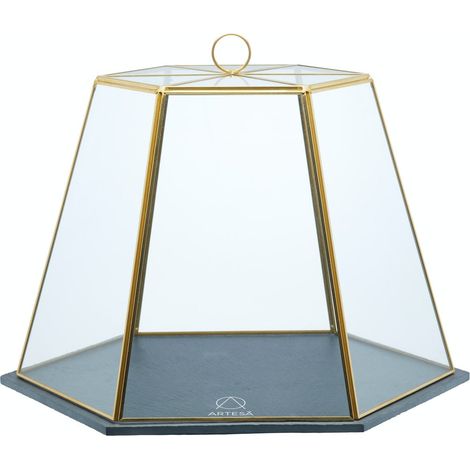 Artesa Cúpula Geométrica de Cristal para Pasteles y Quesos con Bandeja de Pizarra, 31 x 27.5 x 25 cm, 12 x 11 x 10 pulgadas, Acabado en Latón