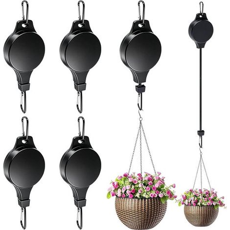 4 colgadores extensibles negros para plantas, Sistema de poleas, Fácilmente ajustables, Para plantas, macetas colgantes y comederos para pájaros (1/4)