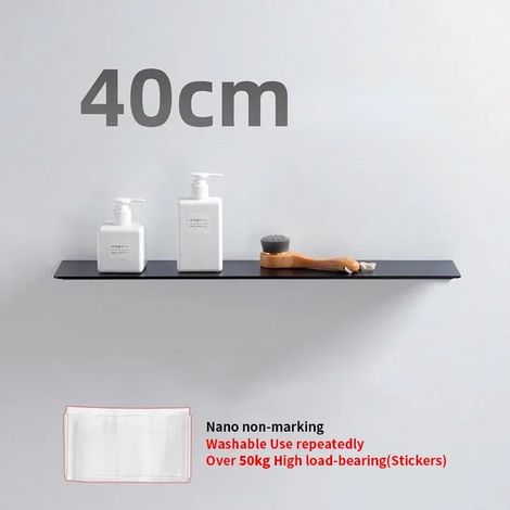 (Noir - 40 cm) Étagère murale flottante pour salle de bain, porte-shampoing sans perçage, blanc et noir, organisateur de salle de bain pour accessoires de cuisine (1/5)