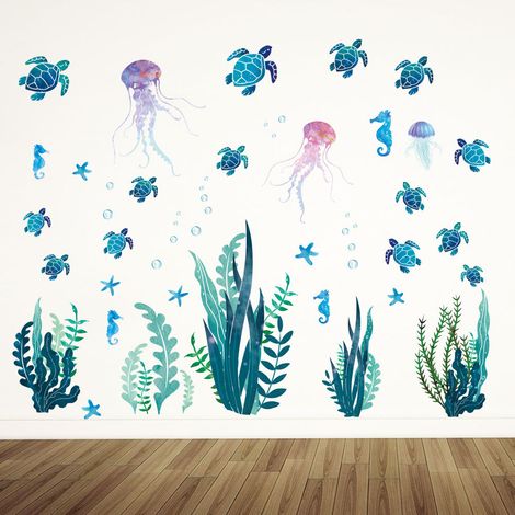 Feuilles Stickers Muraux Algues Sous-Marins Stickers Muraux Tortues de Mer Autocollant Mural en Vinyle Amovible de Poisson Méduse d'Herbe d'Océan pour Chambre Salle de Bains(2 pcs) (1/5)