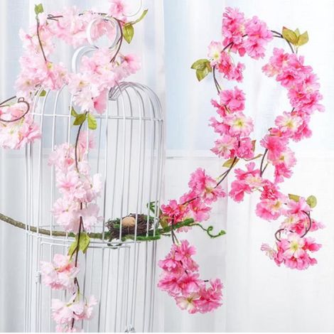 2pcs Fleur De Cerisier Rotin, Fleurs Cerisier Artificielles Guirlande Suspendus De Soie Vigne Noël Décor-Rose foncé180cm (1/4)
