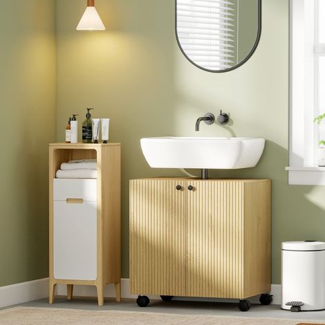 Meuble-lavabo de salle de bain, étagère à 3 niveaux, roulettes, bois (1/5)