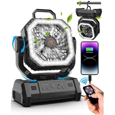 Ventilador portátil para camping, [Tipo-C/20000mAh] Ventilador recargable Spopal con luz, rotación de 270°, temporizador de 1/2/4/8 horas, silencioso y portátil con control remoto, ideal para camping, (1/5)