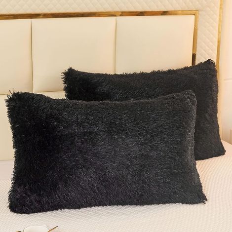Taies d'oreiller en polaire douce avec fermeture éclair, adaptées aux canapés, lits, voitures, etc., lot de 2, noires, 50 × 70 cm (1/4)