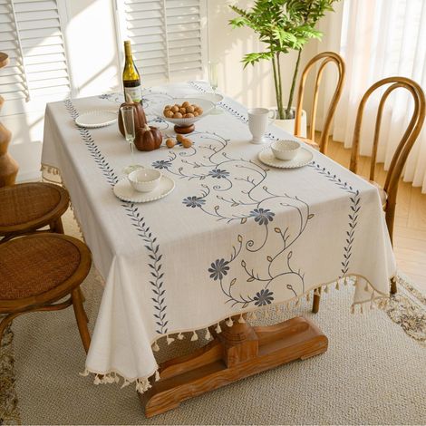 Tischdecke Leinen-Optik wasserabweisend mit Stickerei Blaue Chrysantheme 140x220 cm