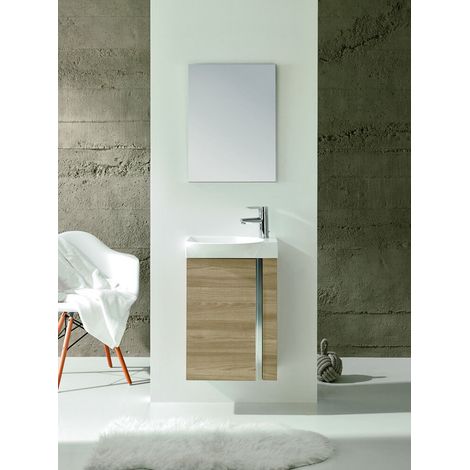 Meuble lave-mains 1 porte 44.5x60x25cm – Plan vasque céramique 45x8x25cm – Miroir 45x60x1.6cm – Noyer – Anconetti