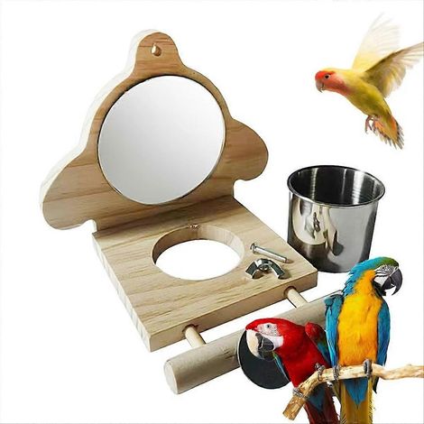 Perchoir en bois pour perroquet avec miroir jouet, accessoire oiseau perruche, plateforme naturelle, taille A, divertissement aviaire (1/5)