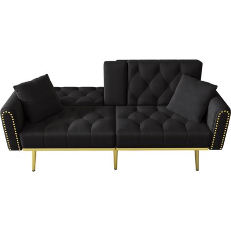 Sofá cama plegable de 2 plazas en terciopelo negro con respaldo reclinable y portavasos (1/5)