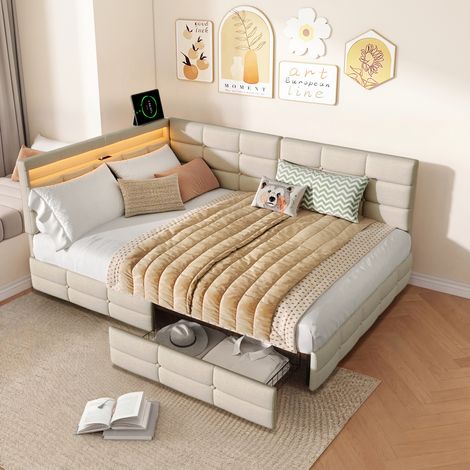 Lit coffre 140x190 cm avec 2 tiroirs, Canapé-lit capitonné en L avec éclairage LED et rangement, Velours Beige, Sommier à lattes, Charge max 250kg