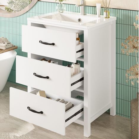 Mueble de baño con lavabo 61 x 47 x 83 cm, 3 cajones, MDF y cerámica blanco DESVIAE (1/5)