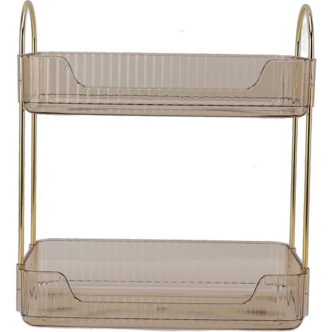 Support de maquillage double couche moderne et léger de luxe à 2 niveaux pour pinceaux, fard à paupières, lotions, rouge à lèvres, vernis à ongles, bijoux, jaune ambre (1/5)