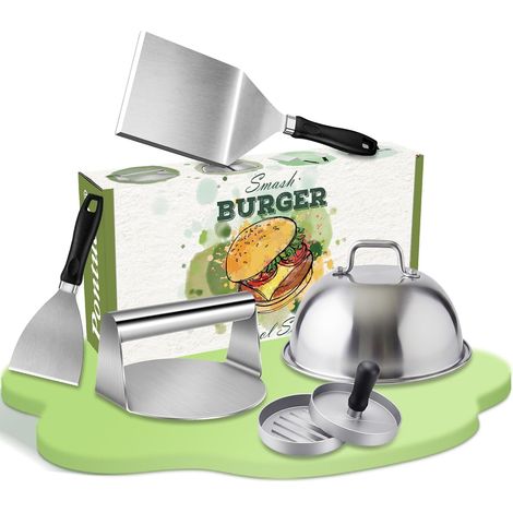 Set Smash Burger 5 Pièces, Kit Accessoires Plancha en Acier Inoxydable pour Grill et Teppanyaki, Presse à Burger, Cloche de Cuisson, Spatule Large et Grattoir, Idée Cadeau Barbecue pour Homme (1/5)
