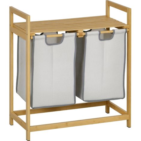 Beyamis Wäschekorb aus Bambus mit 2 herausnehmbaren Beuteln und 20 kg Tragkraft (2 x 40,6 l, 64 x 33 x 73 cm), Natur