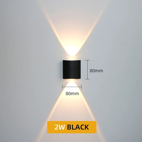 (Noir 2W - Étanche IP65 - Lumière blanche 6000K) Applique murale LED en aluminium étanche IP65 pour l'extérieur, le jardin et l'intérieur, compatible avec les chambres, les salons et les escaliers (1/5)