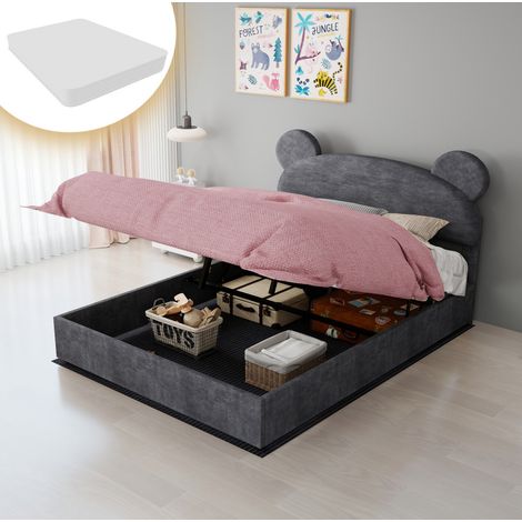 Cama infantil tapizada en terciopelo gris 140x200 cm con almacenamiento elevable, cabecero con orejas redondas y colchón incluido (1/5)