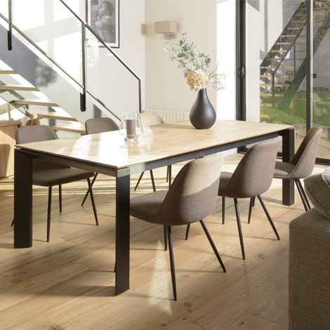 TOM - Lot de 2 chaises tissu marron dossier droit pieds acier noir (1/5)