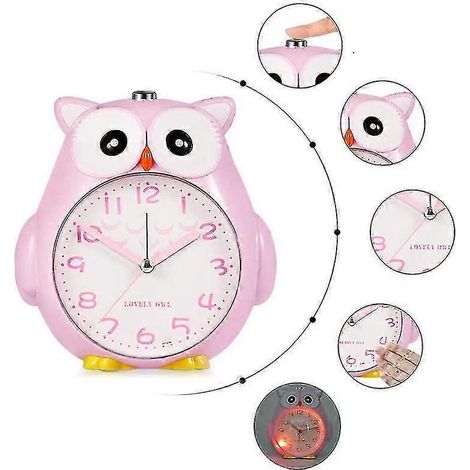 Réveil enfant avec tic-tac, lumineux, multifonctionnel et silencieux, motif hibou rose (1/3)