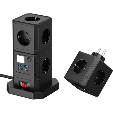 Berker Steckdose Typ C mit USB (max. 250 V / 10 A / 2500 W), Würfelsteckdose mit LED-Beleuchtung, multifunktionaler Smart-Stecker, Steckerleiste mit Kabel (14 AC + 3 USB + Typ C, Schwarz), EU-Größe (1/5)