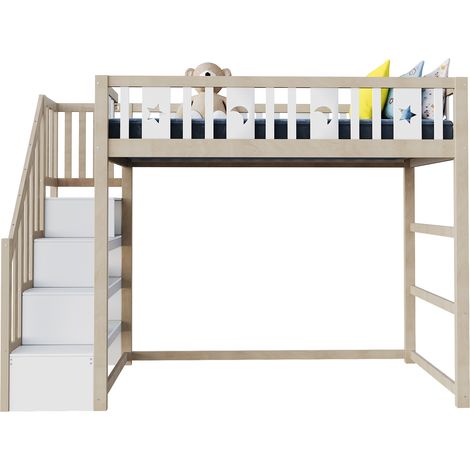 Cama alta individual con escalera con estantes y barandillas, 90 × 200 cm, sin colchón (1/5)