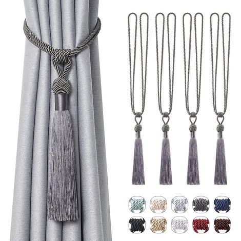 Lot de 4 embrasses longues à glands, faites main, corde tressée style européen, pour rideaux maison et bureau. (1/5)