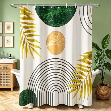 Rideau de douche 180 x 160 cm, vert foncé, ligne, motif feuilles, ourlet lesté, anti-moisissure, imperméable, lavable, en polyester, avec 12 œillets et anneaux de rideau de douche, pour salle (1/5)