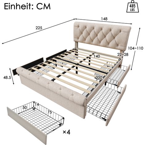 Lit double capitonné 140x200 cm, sommier coffre 4 tiroirs, tête de lit ajustable, lit Chesterfield pratique, teinte naturelle, avec matelas inclus