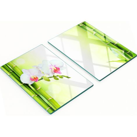 Tablas de cocina de vidrio templado con motivos de orqu铆deas y bamb煤, 2 x 40 x 52 cm.
