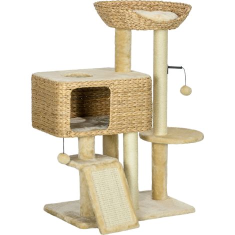 Árbol rascador para gatos de 98 cm con 2 zonas de descanso, rampa y postes de sisal beige HOMVRA (1/5)