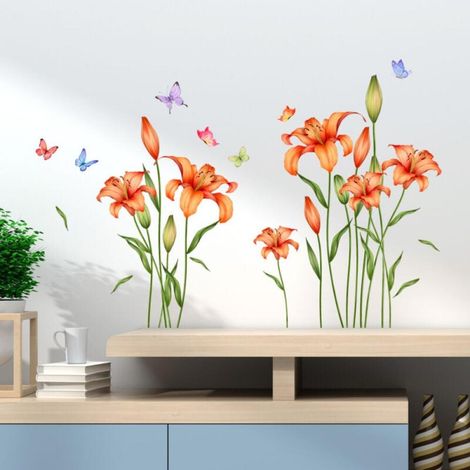 Schmetterlingsblumen-Wandaufkleber, rote Blumen, Wandaufkleber, Pflanzenblumen, Wandaufkleber, Wanddekoration für Wohnzimmer, Schlafzimmer, Erwachsene, Büros, Kinder, Baby, Kinderzimmer