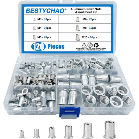 120 pcs Aluminium Rivet Écrou À Tête Plate Insert Fileté Rivet Écrou, Nutsert Rivnut Assortiment Kit M3 M4 M5 M6 M8 M10 (1/5)