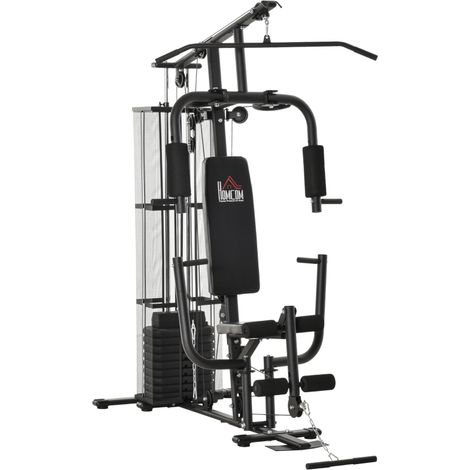 Estación de fitness multifuncional con polea alta, barra mariposa, pesas de 45 kg y cuerda equipo de fitness para el hogar, color negro. (1/5)