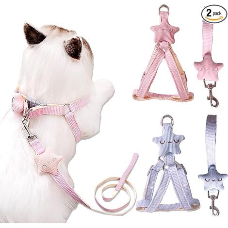2 pièces ensemble harnais et laisse pour chat, harnais ajustable à motif étoile pour chaton et chiot, laisse rose et bleue, adapté pour chat, chaton, chien, petit, lapin, petits animaux (1/5)