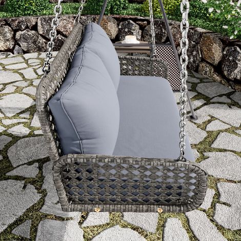 Amaca doppia in rattan per esterni con cuscini rimovibili e lavabili, 240 cm, capacità 320 kg, colore grigio, inclusa catena