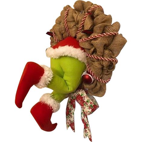corona navideña, patas ajustables de Grinch, decoración de puerta de yute, accesorio para el hogar y el coche. (1/5)