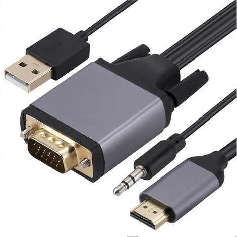 Câble adaptateur compatible HDMI vers VGA 1080p, câble de données de 1,8 mètre, câble de connexion d'écran HD 10 Gbit/s, avec câbles audio et d'alimentation. (1/5)