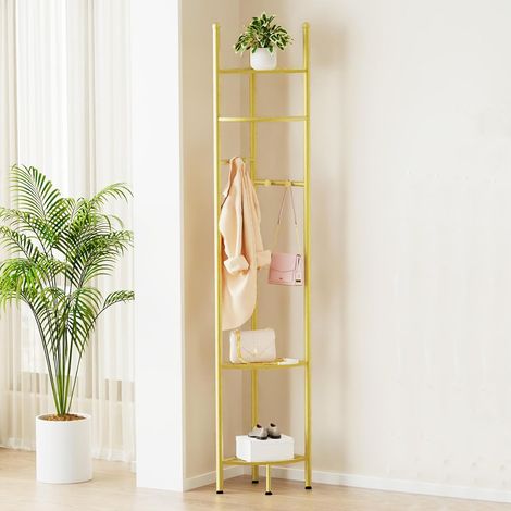 Appendiabiti da terra Angolo Oro Attaccapanni da Terra Metallo Ingresso con Ripiano 174cm (1/5)
