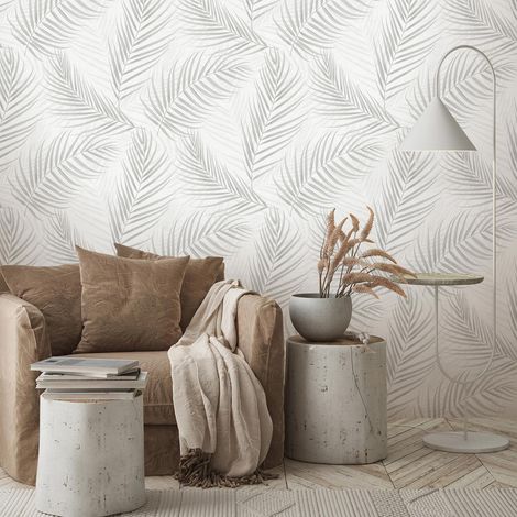 Papier peint à motf végétal intissé gris | Tapisserie moderne motif feuilles de palmier pour salon | Papier peint fleuri gris tendance (1/4)