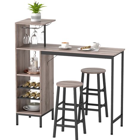 3-tlg. Bartisch-Set mit Stauraum, Weinregalen, Glashaltern, Hockern mit Fußstütze, für kleine Räume, Grau