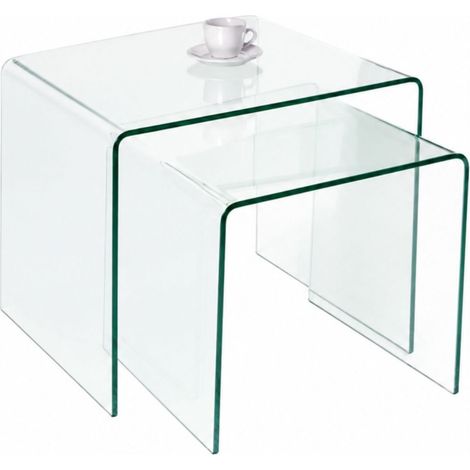 Lot de 2 tables basses empilables HOLOW en verre trempé transparent – Design moderne (1/4)