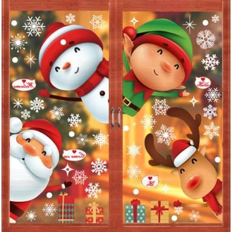 6 Bögen mit weihnachtlichen Fensteraufklebern: Schneeflocke, Schneemann, Weihnachtsmann, Rentier – Fensteraufkleber, Fensterdekorationen (1/5)