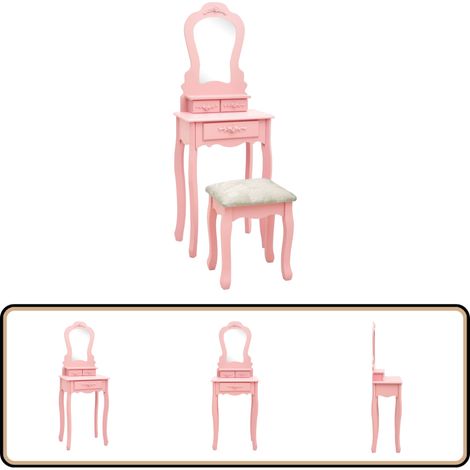 Ensemble de coiffeuse avec tabouret Rose 50x59x136 cm Paulownia - Table De Chevet - Meuble De Salle De Bain - Coiffeuse Avec Miroir - Vanity Set - Bureau De Beauté