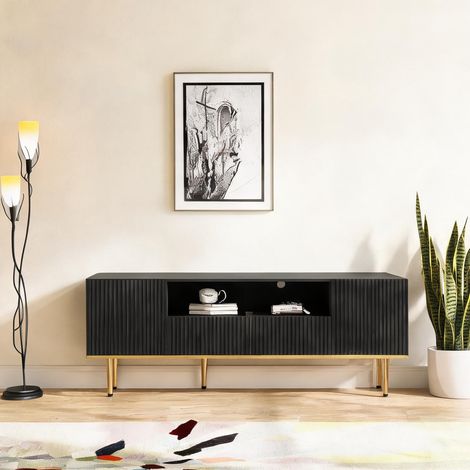 Meuble TV noir et doré avec rangements 165 cm 65 x 14,2 x 21,6 cm (1/5)