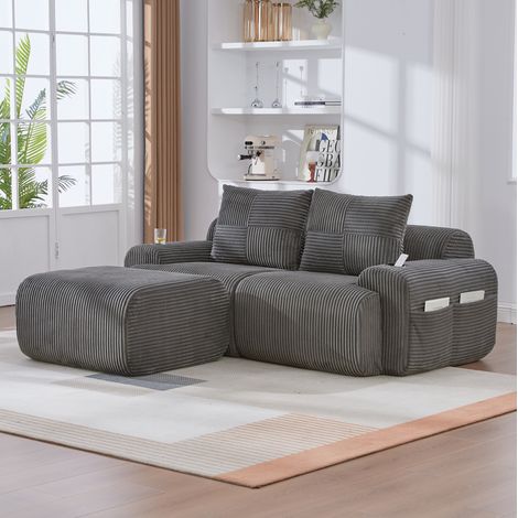 Sofá modular de 2 plazas con reposapiés de corduroy gris oscuro, con portavasos y bolsillo lateral (1/5)