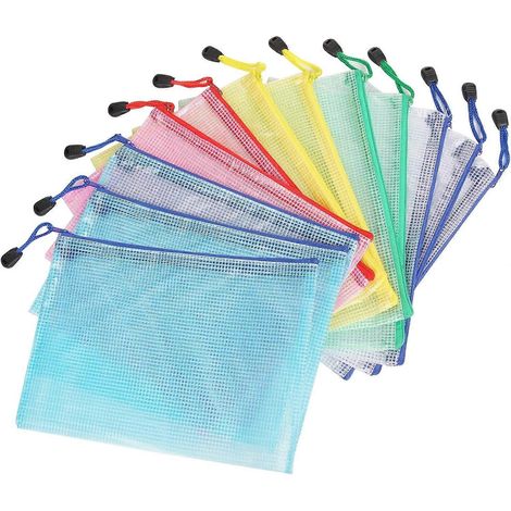 Lot de 25 pochettes/enveloppes en plastique à fermeture éclair en filet, 5 couleurs, format A5, adaptées aux fournitures scolaires et de bureau, aux cosmétiques, à la correspondance d'entreprise, etc. (1/5)