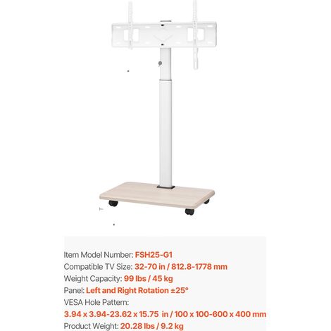 Meuble TV, Hauteur réglable, Mobile avec roues, Plateau à support simple (1/2)