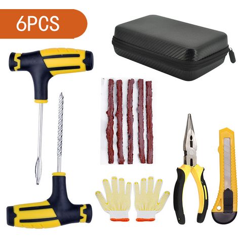 Kit de réparation adapté aux pneus de voiture — Ensemble de 6 pièces — Comprend un étui de rangement — Convient pour : pneus de voiture, roues de moto, etc. (1/5)