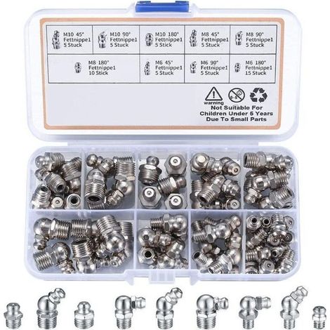 60 Pices graisseur a Visser, Assortiment Graisseur M6 M8 M10, Droit Graisse Raccord 45 90 180, avec Bote en Plastique, pour quipement Mcanique, Embout de Graissage Fixations