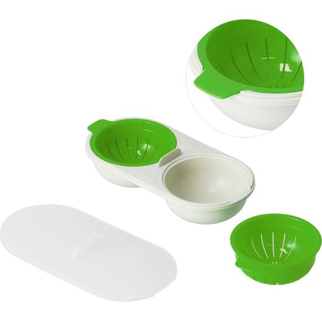 Cuiseur à œufs pour micro-ondes en polypropylène alimentaire avec panier égouttoir amovible, vert. (1/5)